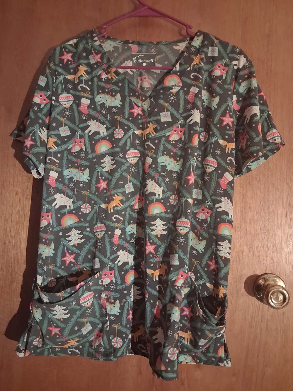 UA Scrub Top in Dark Green with Multicolor Holiday Print